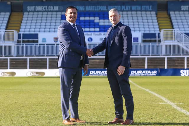 John Askey (r) and Chairman, Raj Singh pictured as Askey is announced as the new Hartlepool United manager. (Photo: Mark Fletcher | MI News)