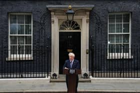 Prime Minister Boris Johnson addresses the nation as he announces his resignation outside 10 Downing Street. Picture: Carl Court/Getty Images.