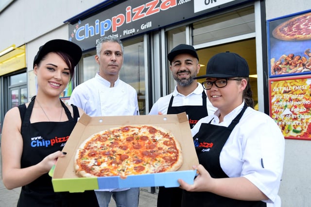 Shah Shabazi, owner of Chip Pizza, in Belle Vue Way, with staff members Camron Sals, Amy Hume and Jess Lloyd.