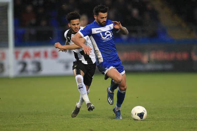 Macauley Southam-Hales  of Hartlepool United in action with Notts County's Dion Kelly-Evans during the Vanarama National League match between Hartlepool United and Notts County at Victoria Park, Hartlepool on Saturday 22nd February 2020. (Credit: Mark Fletcher | MI News)
