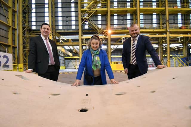 From left, Tees Valley Mayor Ben Houchen, Hartlepool MP Jill Mortimer and HS2 minister Andrew Stephenson at the new Strabag HS2 site.