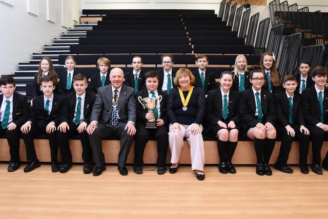 The President of Hartlepool's Rotary Club, Alan Lakey, and Vice President, Dr. Humphries, visited Manor's year seven morning assembly to present the school with the Ian Cameron Poppy Appeal Memorial Trophy.