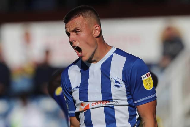Hartlepool United's Will Goodwin reacts to a missed chance   during the Sky Bet League 2 match between Hartlepool United and Bristol Rovers at Victoria Park, Hartlepool on Saturday 11th September 2021. (Credit: Mark Fletcher | MI News)