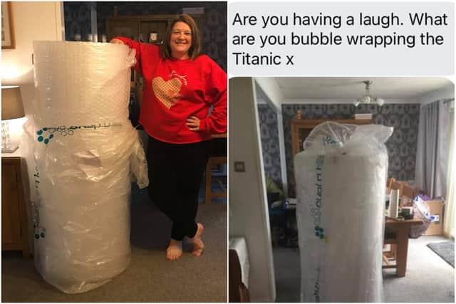 Joane Griggs with the huge roll of bubble wrap and husband Malcolm's message to her when it arrived.