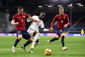 Folarin Balogun of England holds off Michal Fukala of Czech during the UEFA European Under-21 Championship Qualifier match between England U21s and Czech Republic. (Photo by Lewis Storey/Getty Images)