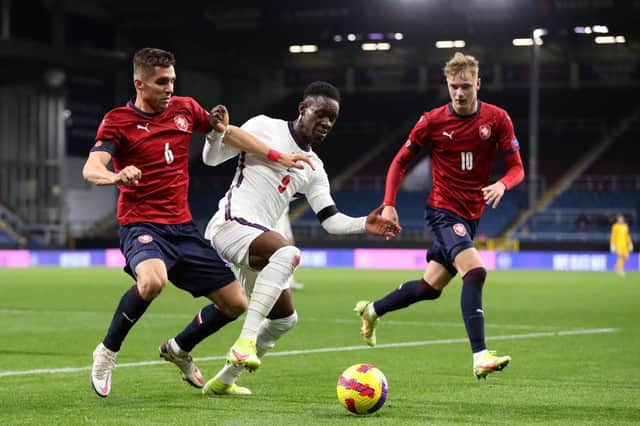 Folarin Balogun of England holds off Michal Fukala of Czech during the UEFA European Under-21 Championship Qualifier match between England U21s and Czech Republic. (Photo by Lewis Storey/Getty Images)