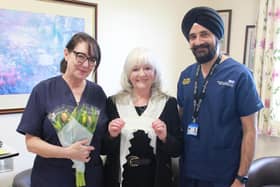 From left, colorectal nurse specialist Gillian Trainer, Jackie Hooks and colorectal consultant Talvinder Gill.