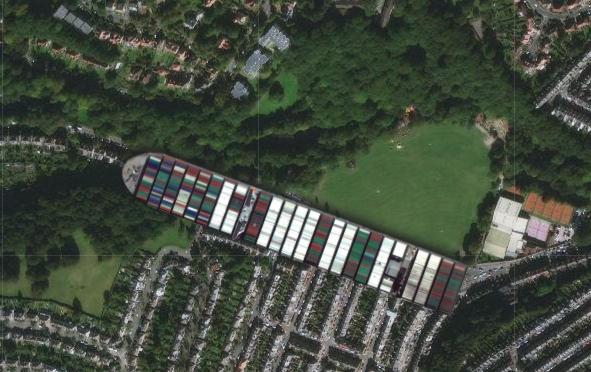 This shows the Ever Given dropped right onto Endcliffe Park.