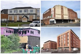 Clockwise from top left, the derelict Staincliffe Hotel, the former Odeon cinema, how the former Engineers' Club could be transformed and how the premises look now following a fire on April 30.