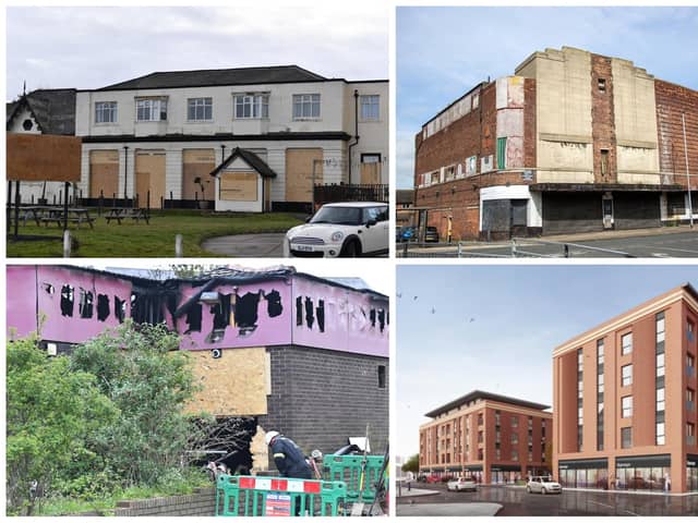 Clockwise from top left, the derelict Staincliffe Hotel, the former Odeon cinema, how the former Engineers' Club could be transformed and how the premises look now following a fire on April 30.