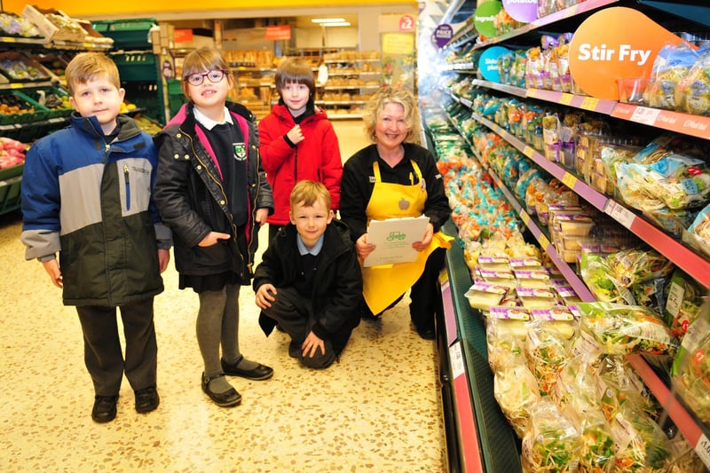 Tesco's Farm to Fork initiative champion Angela Parker in 2014 with Greatham primary school pupils (left to right) William Whitfield, Ruby Coleman, Jacob Hunter and Joe Richardson. Picture by FRANK REID