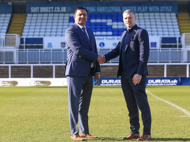 John Askey (R) became Hartlepool United's third manager of the season pictured with chairman Raj Singh (L). (Photo: Mark Fletcher | MI News)