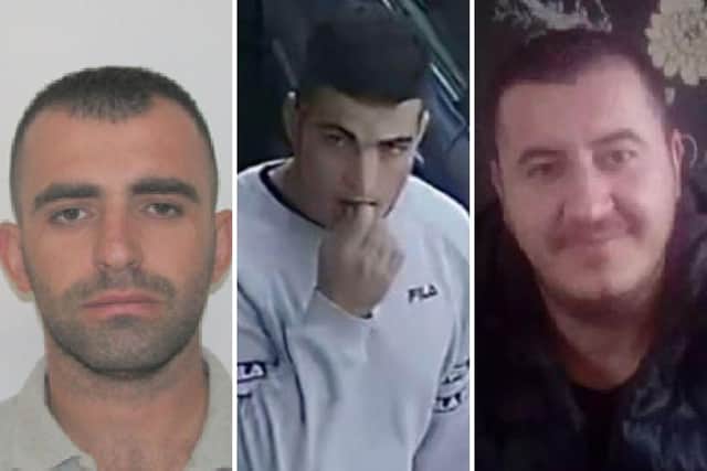 The three men wanted by police in connection with Hemawand Ali Hussein's murder, (left to right) Daniel Kadiu, Armando Marku and Sajmir Dodoveci.