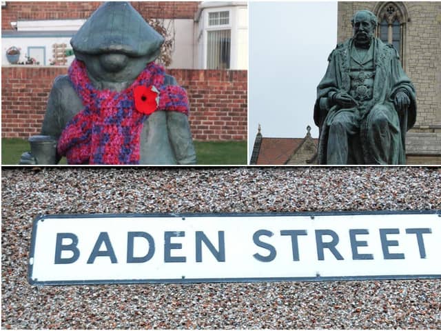 Statues of Andy Capp, Sir William Gray, and Baden Street street nameplate.