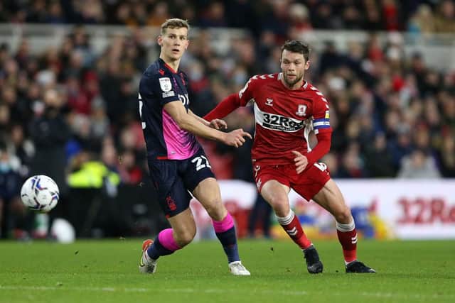 Ryan Yates of Nottingham Forest scores an own goal during the Sky Bet Championship match between Middlesbrough and Nottingham Forest at Riverside Stadium. (Photo by Nigel Roddis/Getty Images)