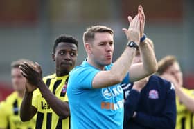 Dave Challinor applauds the fans during the Vanarama National League match between Salford City and AFC Fylde at Moor Lane on April 22, 2019 in Salford, England. (Photo by Jan Kruger/Getty Images)