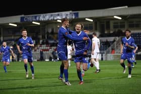 Luke Armstrong of Hartlepool United celebrates with Lewis Cass after scoring their first goal   during the Vanarama National League match between Hartlepool United and Kings Lynn Town at Victoria Park, Hartlepool on Tuesday 8th December 2020. (Credit: Mark Fletcher | MI News)