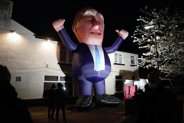 A 30ft inflatable Boris Johnson appeared outside Mill House Leisure Centre, in Hartlepool, where votes are being counted for the Hartlepool Parliamentary by-election.