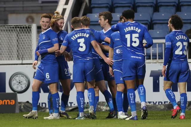 Hartlepool United's Luke Armstrong celebrates after scoring their first goal   during the Vanarama National League match between Hartlepool United and Barnet at Victoria Park, Hartlepool on Saturday 27th February 2021. (Credit: Mark Fletcher | MI News)