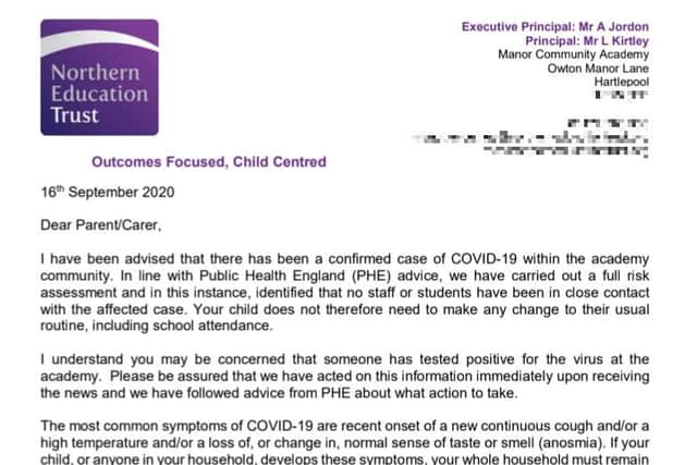 The letter sent to parents regarding a case of Covid-19 at Manor Academy.