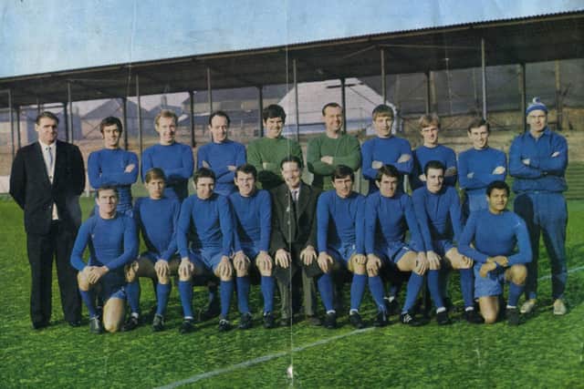 Hartlepool United goalkeeper Ken Simpkins (back row fifth from left) in a team picture also showing (back row): Gus McLean (Manager), Wilson Hepplewhite, Tony Bircumshaw, John Sheridan, George Smith, Alan Goad, Eric Tunstall, Brian Drysdale, John Simpson (Trainer).   
Front row: John Gill, John McGovern, Peter Blowman, Ernest Phythian, John Curry (Chairman),  Terence Bell,  Michael Somers, George Wright, Tony Parry.
