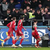 Crawley Town celebrate with their fans after scoring against Hartlepool United in 2023. Photo: Mark Fletcher | MI News.