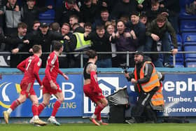 Crawley Town celebrate with their fans after scoring against Hartlepool United in 2023. Photo: Mark Fletcher | MI News.