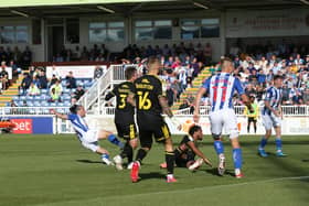 Hartlepool United's Jamie Sterry scores their first goal during the Sky Bet League 2 match between Hartlepool United and Bristol Rovers at Victoria Park, Hartlepool on Saturday 11th September 2021. (Credit: Mark Fletcher | MI News)