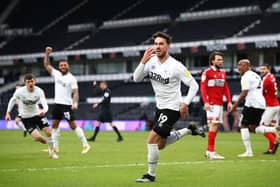 Lee Gregory of Derby County celebrates after scoring their side's first goal against Middlesbrough.