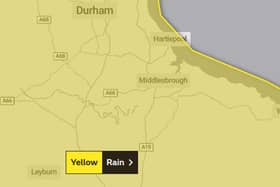 A Met Office map of the  yellow rain warning for Hartlepool and the wider area.