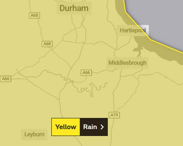 A Met Office map of the  yellow rain warning for Hartlepool and the wider area.