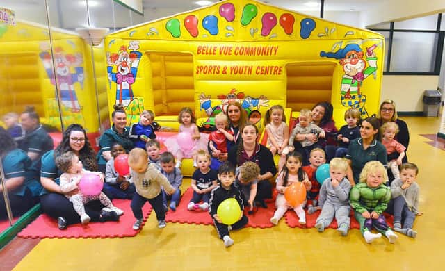 Staff and children at the Little Treasures Day Nursery's seventh birthday party held in the Belle Vue community Centre.