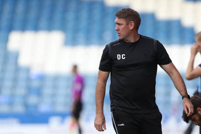 Hartlepool United manager Dave Challinor   during the Sky Bet League 2 match between Oldham Athletic and Hartlepool United at Boundary Park, Oldham on Saturday 18th September 2021. (Credit: Mark Fletcher | MI News)