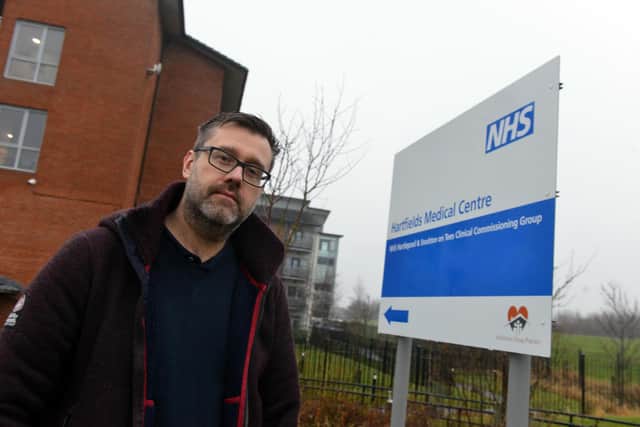 Bishop Cuthbert resident and health campaigner Glen Hughes outside Hartfields Medical Centre which has reopened.