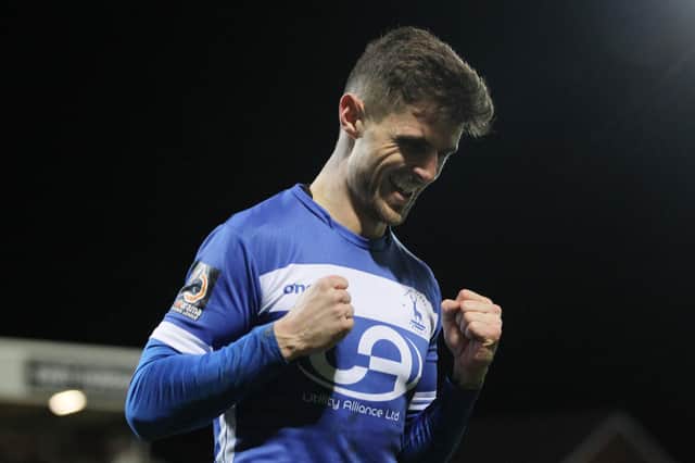 Gavan Holohan celebrates after scoring their first goal during the Vanarama National League match between Hartlepool United and Eastleigh at Victoria Park, Hartlepool on Tuesday 7th January 2020. (Credit: Mark Fletcher | MI News)