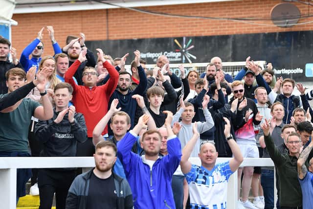 Hartlepool United fans at the wend of the game.Hartlepool United 3-2 Bromley FC National League Playoff. 06-06-20212. Picture by FRANK REID