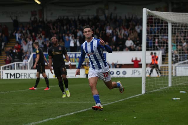 Hartlepool United's Luke Molyneux celebrates after scoring their second goal during the Sky Bet League 2 match between Hartlepool United and Northampton Town at Victoria Park, Hartlepool on Saturday 9th October 2021. (Credit: Mark Fletcher | MI News)