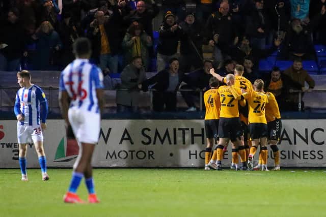 Newport County players celebrate their second goal against Hartlepool. (Credit: Michael Driver | MI News)
