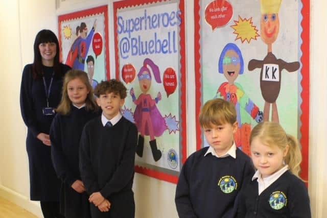 From left, Bluebell Meadow Primary's deputy head teacher Emma Allison with Year 5 pupils Alethea May and Connor Wilkinson and Year 2 pupils Finley Storey and Alice Musgrave.