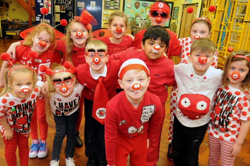 Youngsters from Hedworth Lane Primary School looking the part for Red Nose Day in 2015.