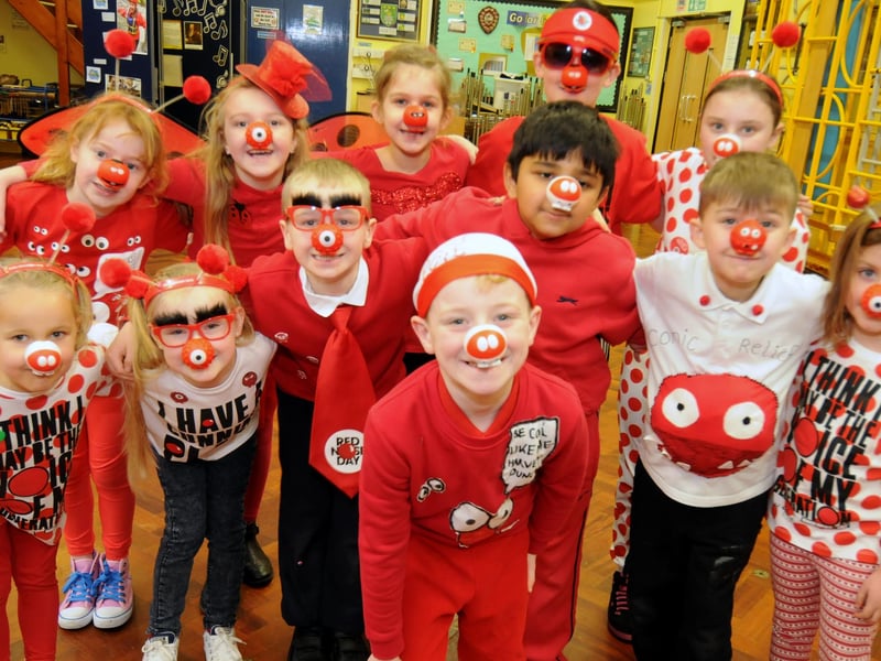 Youngsters from Hedworth Lane Primary School looking the part for Red Nose Day in 2015.