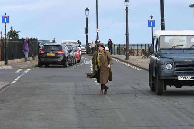 Brenda Blethyn as DCI Vera Stanhope  filming at  Albion Terrace, Hartlepool Headland