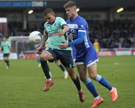 Hartlepool United's Kenton Richardson in action with Patrick Brough of Barrow during the Vanarama National League match between Hartlepool United and Barrow at Victoria Park, Hartlepool on Saturday 28th December 2019. (Credit: Mark Fletcher | MI News)