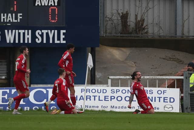 Crawley Town's Dom Telford celebrates after scoring the opening goal against Hartlepool United. (Photo: Mark Fletcher | MI News)