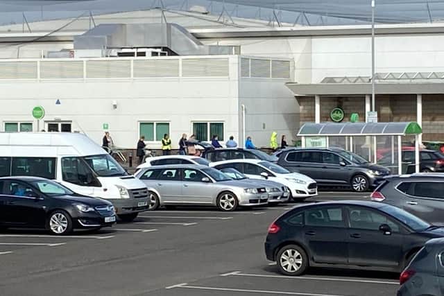 Shoppers waiting to enter Asda in Hartlepool during social distancing measures.