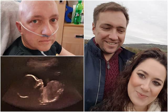 Rob Allen with wife Kimberley and in hospital following a bone marrow transplant in May 2018. The couple are expecting their first baby in July 2020.