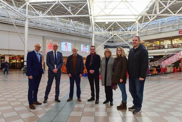High Street Task Force Expert Graham Soult (centre) with left to right Mark Rycraft Middleton Grange Shopping Centre Manager, Council Leader Shane Moore, business owner Billy Reid, Janice Auton Co-Chair of Love Hartlepool, Helen Wells and Karl Brown of In Studio.
.