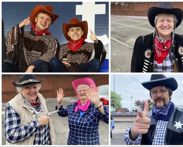Hartlepool United fans take part in the annual fancy dress tradition which this year was cowboys.