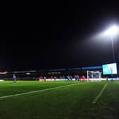 A general view inside the stadium as David Ferguson of Hartlepool United takes a corner-kick during the Emirates FA Cup First Round Replay match between Wycombe Wanderers and Hartlepool United at Adams Park on November 16, 2021 in High Wycombe, England. (Photo by Alex Burstow/Getty Images)