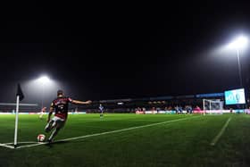A general view inside the stadium as David Ferguson of Hartlepool United takes a corner-kick during the Emirates FA Cup First Round Replay match between Wycombe Wanderers and Hartlepool United at Adams Park on November 16, 2021 in High Wycombe, England. (Photo by Alex Burstow/Getty Images)